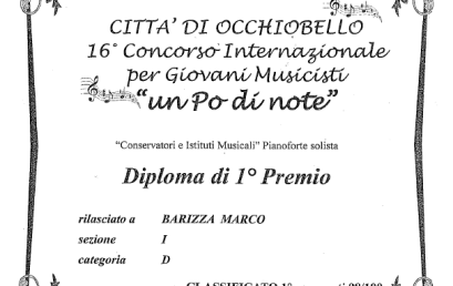 Marco Barizza, 1° Premio Concorso Internazionale per Giovani Musicisti “un Po’ di note” – Occhiobello (RO)