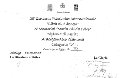 Gianluca Bergamasco, Diploma di Merito 28° Concorso Pianistico Internazionale “Città di Albenga”/ 5° Memorial “Maria Silvia Folco”