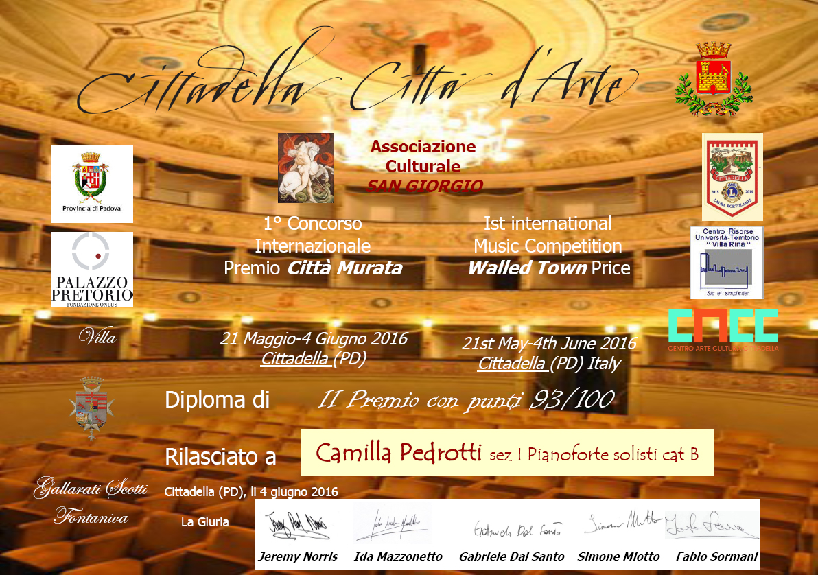 Camilla Pedrotti, 2° Premio Concorso Internazionale Premio Città Murata – Cittadella (PD)